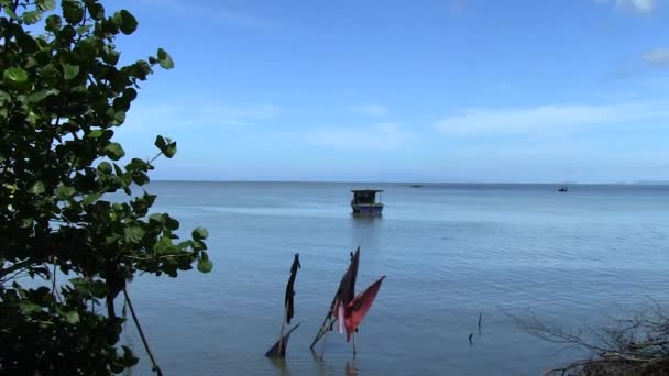 Eski Balıkçı Tekneleriyle Birlikte Sudaki Eski Bayrakları Gösteren Bir Deniz — Stok video