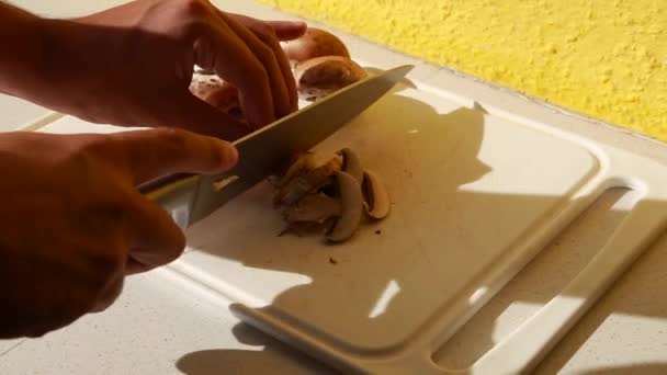 Homme Couper Main Mettre Côté Les Champignons Dans Une Cuisine — Video