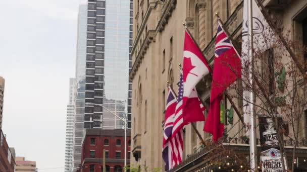 Canadian Flag Blowing Wind Royal York Hotel Downtown Toronto Summer — Stock Video