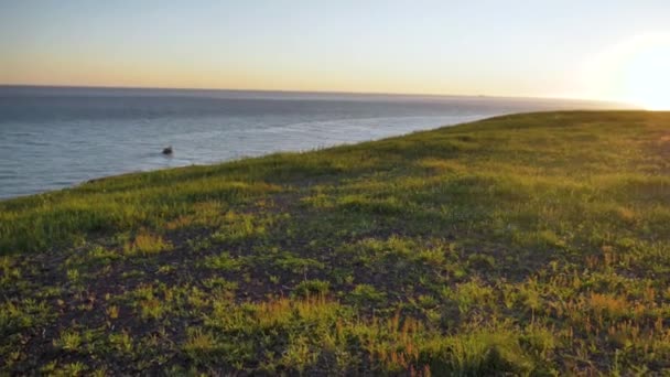 Травянистый Холм Видом Море Закате Яркое Золотое Свечение Небе Воде — стоковое видео