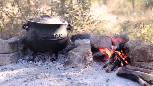 Een Zwarte Pot Met Wat Stoofpot Erin Kookt Weg Naast — Stockvideo