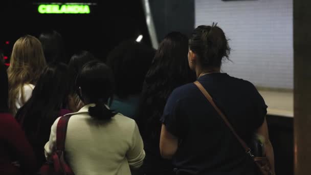 Gruppo Pendolari Aspetta Pazientemente Mentre Treno Della Metropolitana Arriva Alla — Video Stock