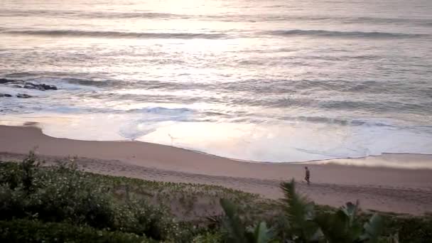 男は素足でビーチを散歩し 太陽が地平線の上に昇る — ストック動画