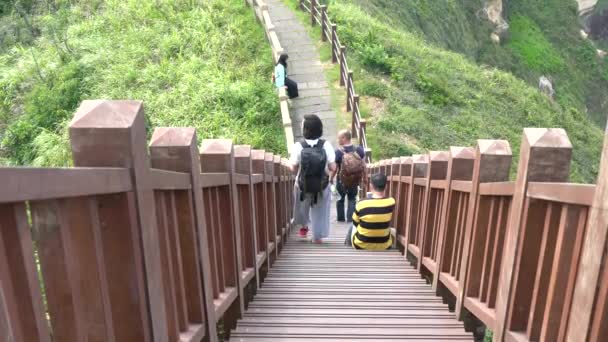 Tayvan Keelung Kentindeki Yeşil Bir Uçurumda Merdivenlerle Yürüyen Turistler — Stok video