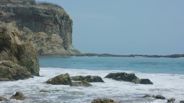 Movimiento Lento Olas Contra Las Rocas Aves Que Vuelan Playa — Vídeos de Stock