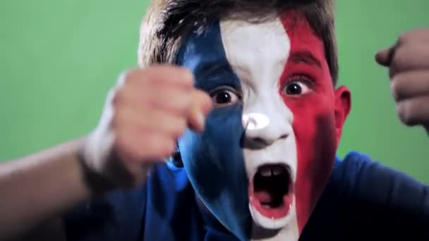 Französischer Fan Feiert Tor Auf Grünem Hintergrund — Stockvideo