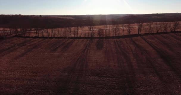 Drone Filmati Catskills Hills Sole Tramontare Sorvolare Linea Alberi Nudi — Video Stock