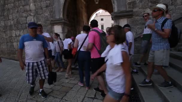Antiguo Arco Con Muchos Turistas Entrando Saliendo Imágenes Mano — Vídeos de Stock