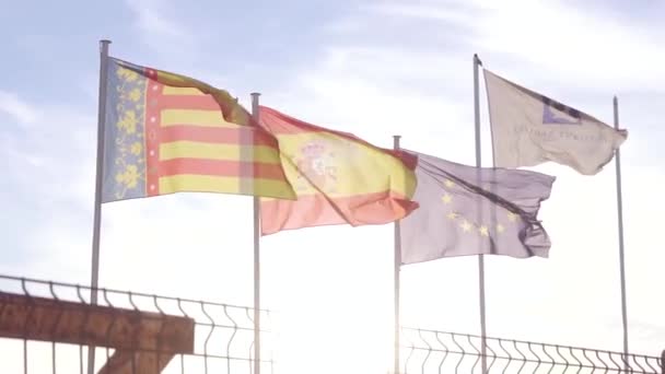 Флаги Европейского Союза Испании Города Валенсии Вместе Машущие Ветру — стоковое видео