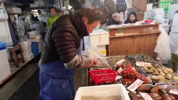 Mercato Del Pesce Tsukiji Tokyo Giappone Luogo Caotico Mercato Chiuderà — Video Stock