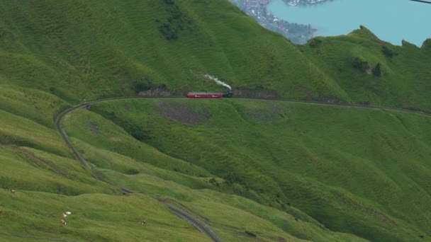 Vintage Stoomtrein Een Bergpad Puffen Rook Oude Trein Locomotief Toerisme — Stockvideo