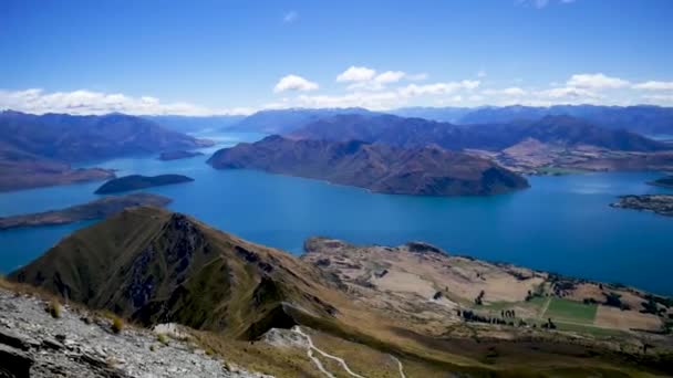 Lake Wanaka Prachtig Panoramisch Uitzicht Gezien Vanaf Roy Peak — Stockvideo