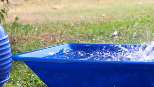 Rain Pouring Blue Washtub Water Splashing Tub Saving Water Slow — Stock Video