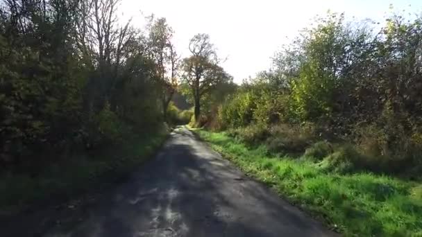 在英国Telford的Broseley Drone飞越了一条乡间公路 慢慢地向树爬去 差点撞倒 — 图库视频影像