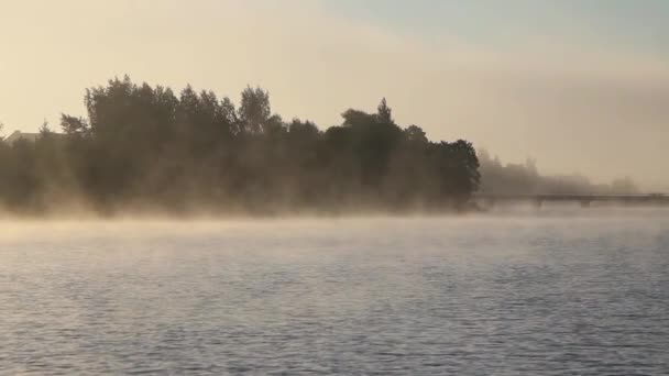Mystischer Morgennebel Über Dem Fluss Und Der Brücke — Stockvideo