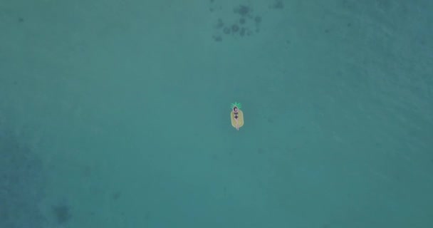 Drone Footage Model Abacaxi Floatie Flying Reveal Turquoise Ocean — Vídeo de Stock