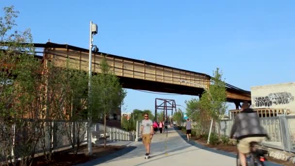 Pedestrian Path Train Chicago Bikers Skateboarders Runners Train Goes Path — Stock Video