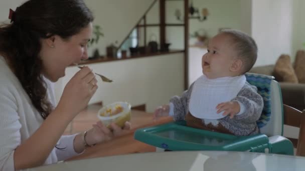 Moeder Voedt Zijn Lachende Kleine Jongen Met Groene Groenten Pap — Stockvideo