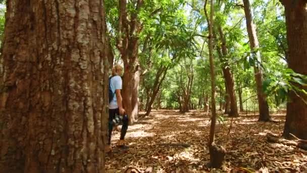 Девушка Фотограф Гуляет Тропическим Деревьям Манго — стоковое видео