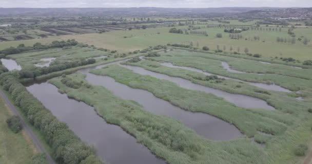 Snabb Flygning Över Ett Lokalt Våtmarksområde Med Glastonbury Tor Och — Stockvideo