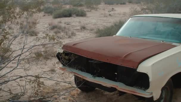 Ein Autowrack Der Wüste Kalifornien Der Nähe Von Joshua Tree — Stockvideo