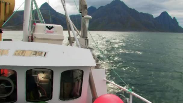 ロフトテンノルウェーの海を渡る漁船のパイロットハウスを見渡す — ストック動画