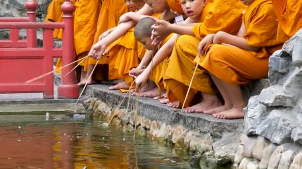 Grupo Monjes Descansando Orilla Estanque Templo Wat Prayoon — Vídeo de stock