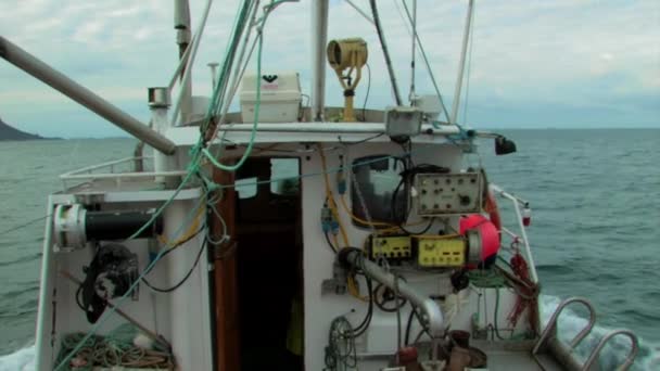 Tiro Fantástico Mostrando Barco Pesca Correndo Através Oceano Frio Preparando — Vídeo de Stock