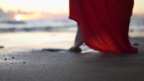 Woman Red Dress Feet Sand — Stock Video