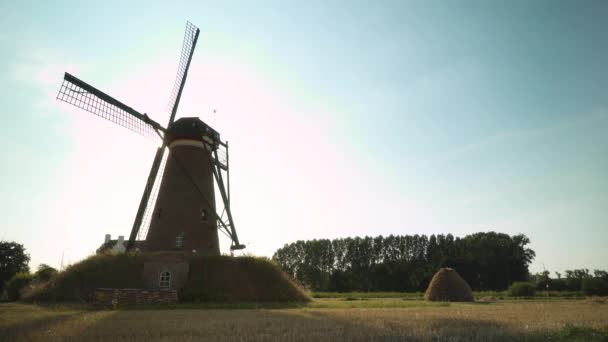 Typický Holandský Větrný Mlýn Nuenen Silnicí Tradičním Balíkem Sena Pozadí — Stock video