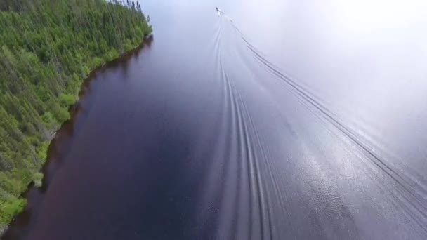 一条船在蓝色的湖上 周围环绕着茂密的绿林 在加拿大用无人机拍摄 船上的人要去钓鱼 — 图库视频影像