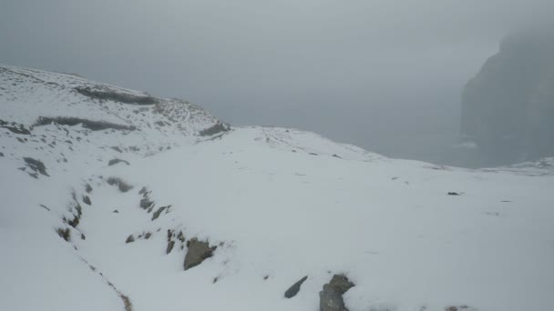 Man Hiking Dramatic Winter Scenery Faroe Islands — Stock Video