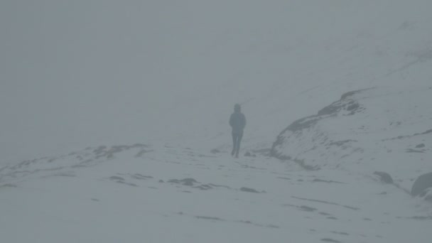 Wanita Sendirian Berjalan Dalam Pemandangan Musim Dingin Yang Dramatis Kepulauan — Stok Video