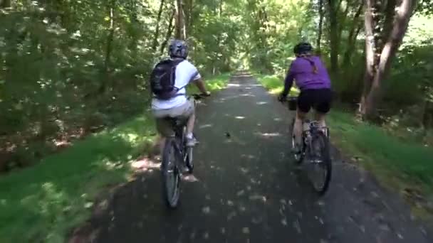 Vicino Una Donna Matura Accanto Suo Figlio Bicicletta Sentiero Lastricato — Video Stock