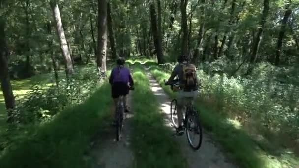 Tiro Alto Ângulo Bicicletas Filhas Maduras Lado Seu Pai Idoso — Vídeo de Stock