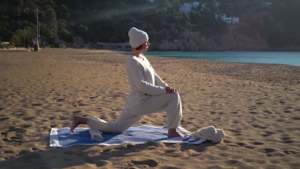 Woman Beach Doing Yin Yoga Sunset Sunrise — Stock Video