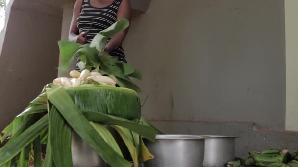 Eine Afrikanerin Bereitet Eine Traditionelle Mahlzeit Mit Bananen Und Bananenblättern — Stockvideo