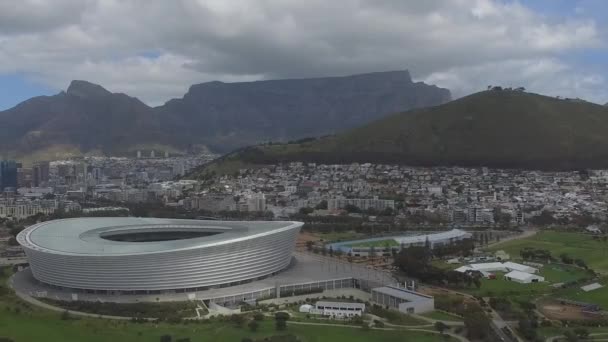 Detalj Antenn Skott Arenan Kapstaden Och Table Mountain Från Green — Stockvideo
