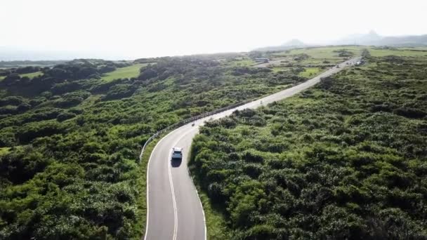 緑豊かな草原に囲まれた台湾の忙しい2車線道路の上で空中撮影 — ストック動画
