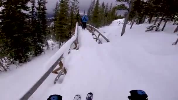 Skifahren Über Eine Schmale Brücke Zwischen Bäumen Gerade Genug Platz — Stockvideo