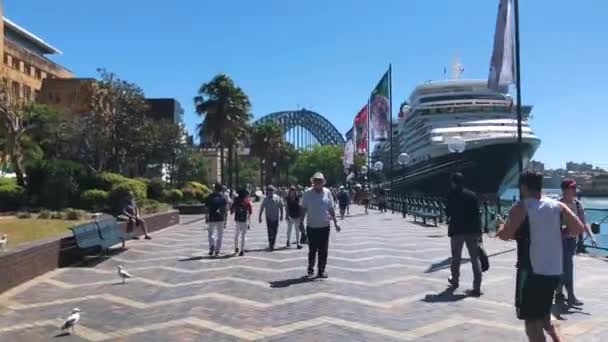 Άνθρωποι Περπατούν Μια Ηλιόλουστη Μέρα Στη Γέφυρα Του Λιμανιού Του — Αρχείο Βίντεο