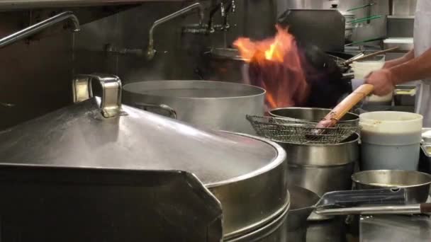 Linha Cook Prep Restaurante Com Fogo Aço Lotes Potes Aço — Vídeo de Stock