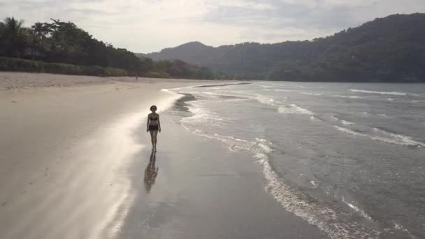 Órbita Aérea Una Mujer Que Camina Largo Una Playa Arena — Vídeo de stock