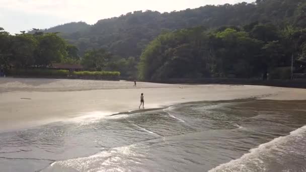 黄金の時間の間に砂浜を歩いている女性の遅い空中軌道ショットフレアと穏やかなラップ波 — ストック動画