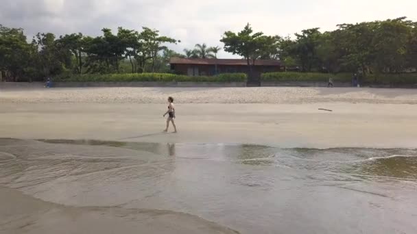 Orbita Aerea Una Donna Che Cammina Lungo Una Spiaggia Sabbia — Video Stock