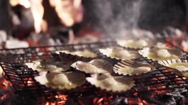 Моллюски Приготовленные Костре Барбекю Медленном Движении — стоковое видео