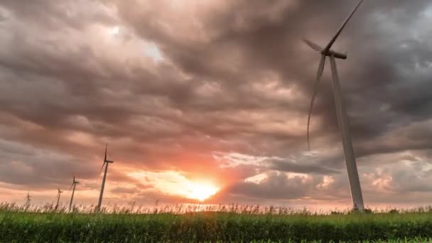 Wind Turbine Time Lapse Iowa Cornfield Durante Pôr Sol Este — Vídeo de Stock