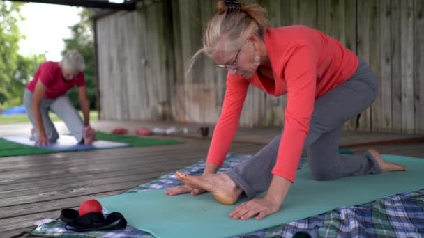 Två Mogna Kvinnor Gör Yoga Sträcker Sig Paviljong Utanför Med — Stockvideo