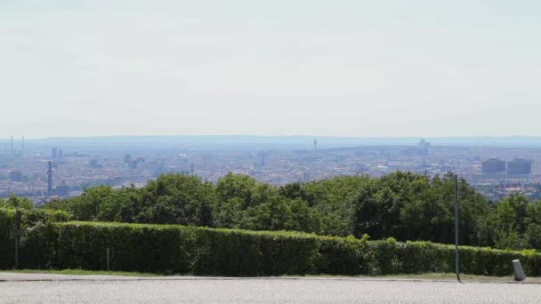 Two Cars Driving Road Overlooking Skyline Vienna Bright Sunny Day — Stock Video