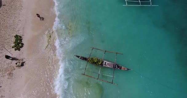 Letecký Snímek Zachycující Loď Křišťálově Čisté Vodě Naplněné Kokosy — Stock video
